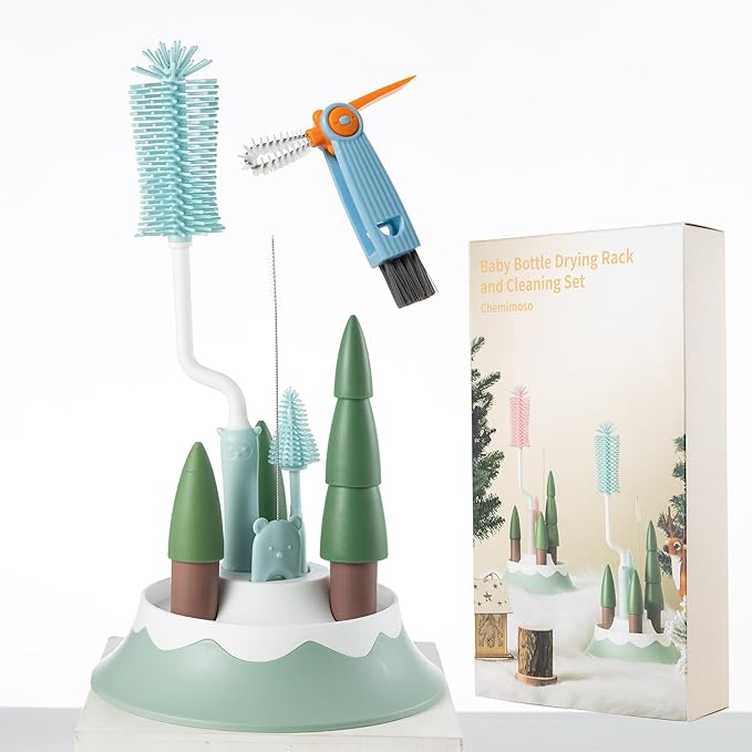 Chemimoso Baby Bottle Drying Rack and Cleaning Set, with Spinning Silicone Baby Bottle Brush, Pacifier Brush, Straw Brush, Cup Lid Cleaning Brush, 2025 Xmas Holiday Surprise Gift for Newmom, Blue