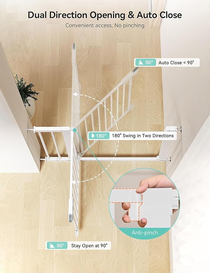 COMOMY 30" Tall Baby Gate for Stairs Doorways, Fits Openings 29.5" to 46" Wide, Auto Close Extra Wide Dog Gate for House, Pressure Mounted Easy Walk Through Pet Gate with Door, White