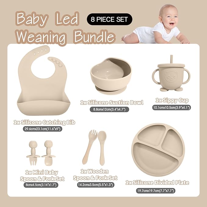 Baby Led Weaning Supplies, 8 Piece BPA-Free Silicone Feeding Set, Silicone Suction Bowl, Forks & Spoons, Bib & Cup, Develops Self Feeding Skills, Dishwasher Safe, for 6+ Months (Beige)