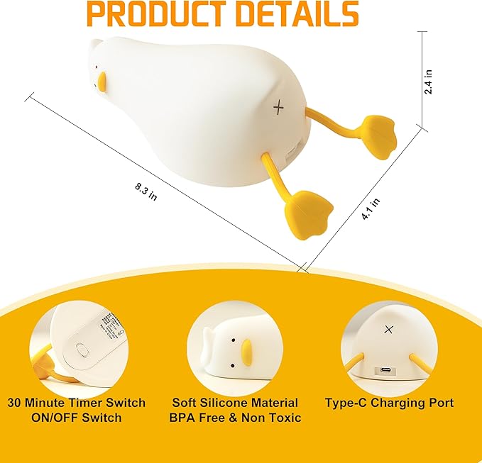 LED Lying Flat Duck Night Light, 3 Level Dimmable Nursery Nightlight, Cute Lamps Silicone Squishy Light Up Duck, Rechargeable Bedside Touch Lamp for Nursery College Dorm Decor Trendy Stuff