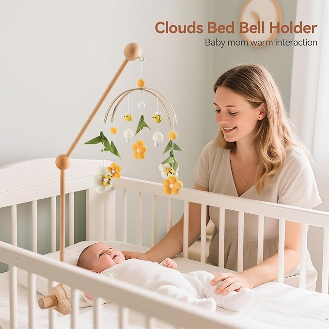 OESSUF Baby Crib Mobile Arm, 27 Inch Adjustable Wood Hanger, White Cloud Design, Nursery Mobile Holder for Cot Bed (Wooden)