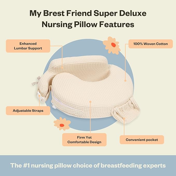 My Brest Friend Super Deluxe Nursing Pillow-Enhanced Comfort & Ergonomic Breastfeeding Pillow for Ultimate Support For Mom & Baby-Adjustable and with Handy Side Pocket,100%Woven Cotton Oatmeal Waffle
