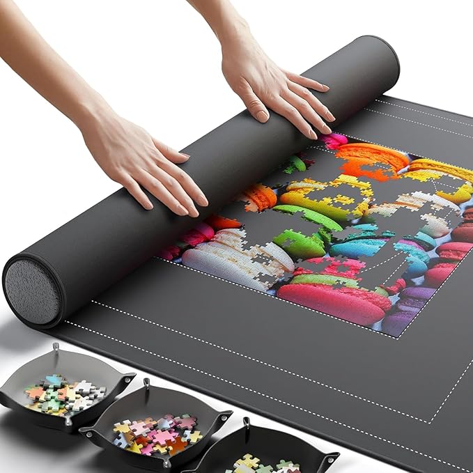Newverest Jigsaw Puzzle Mat Roll Up, Saver Pad 55” x 35.5” Portable Keeper Up to 3000 Pieces with Non-Slip Rubber Bottom and Polyester Top + 3 Puzzle Sorting Trays, Travel-Friendly Storage Bag