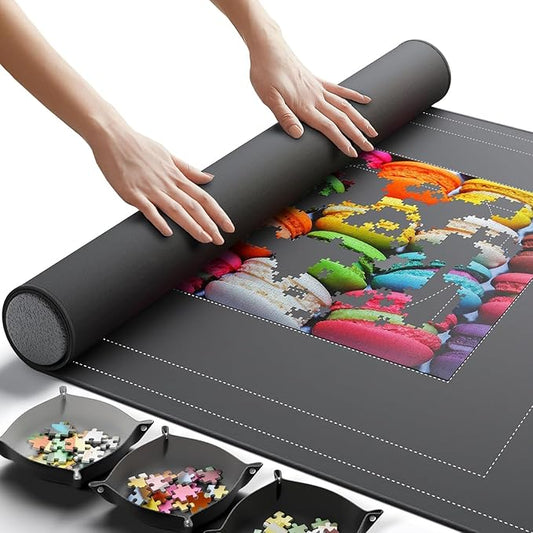 Newverest Jigsaw Puzzle Mat Roll Up, Saver Pad 55” x 35.5” Portable Keeper Up to 3000 Pieces with Non-Slip Rubber Bottom and Polyester Top + 3 Puzzle Sorting Trays, Travel-Friendly Storage Bag