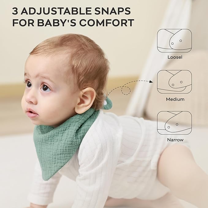 JELLYMONI 10 Pack Muslin Drool Bibs for Babies - Soft Adjustable Bandana Bib with Snaps, Absorbent Unisex Teething Bib for Newborn Girls & Boys