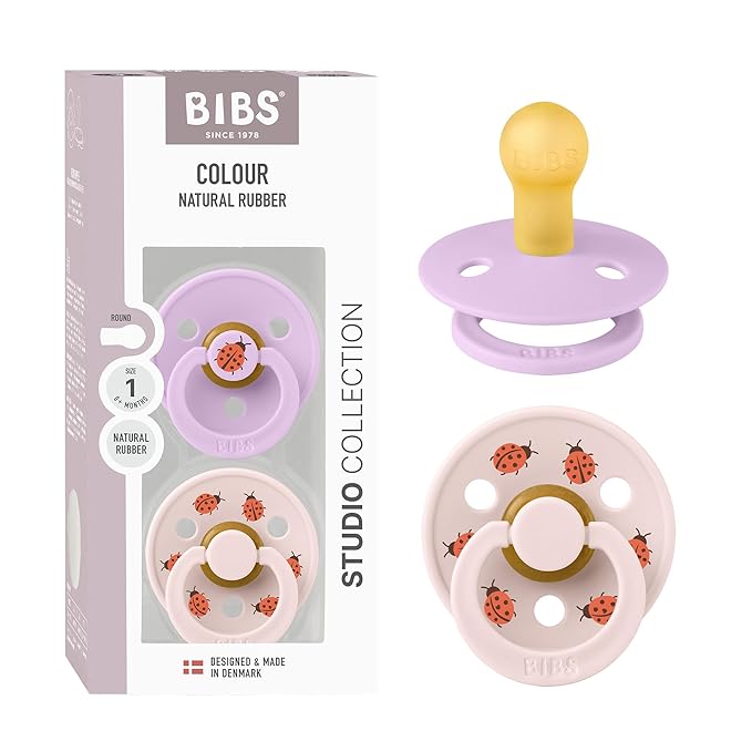 BIBS Studio Soother 2-Pack, BPA Free Dummy Pacifier, Round Nipple. Natural Rubber Latex, Made in Denmark, Size 1 (0-6 Months), Violet Sky/Petal