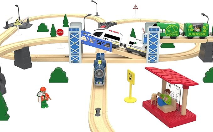 Z MAYABBO Wooden Train Set Accessories Wood Railway Bridge for Railroad Tracks, 2-Level Overpass Compatible for All Railway Tracks System