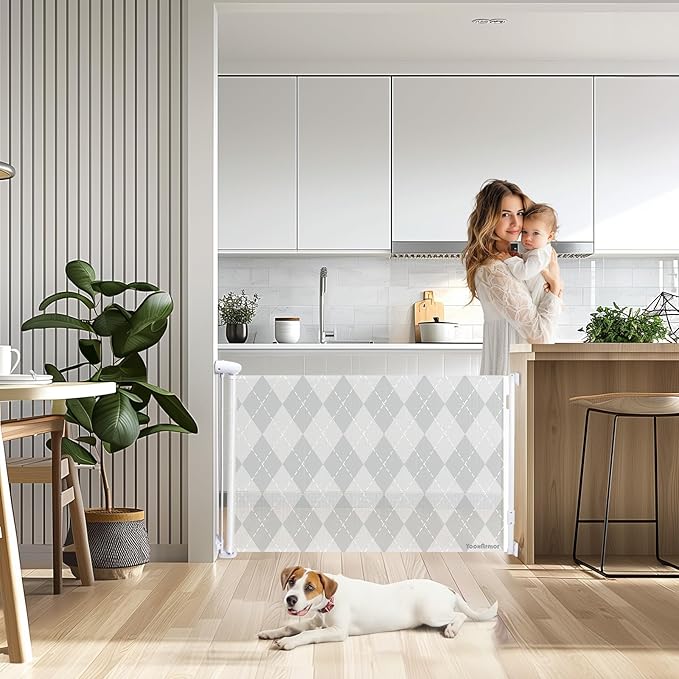 Retractable Mesh Baby Gate, 34" Tall, Extends up to 55" Wide, Child Safety Gate for Doorways, Stairs, Hallways, Indoor/Outdoor (34"x55", Grid Pattern)