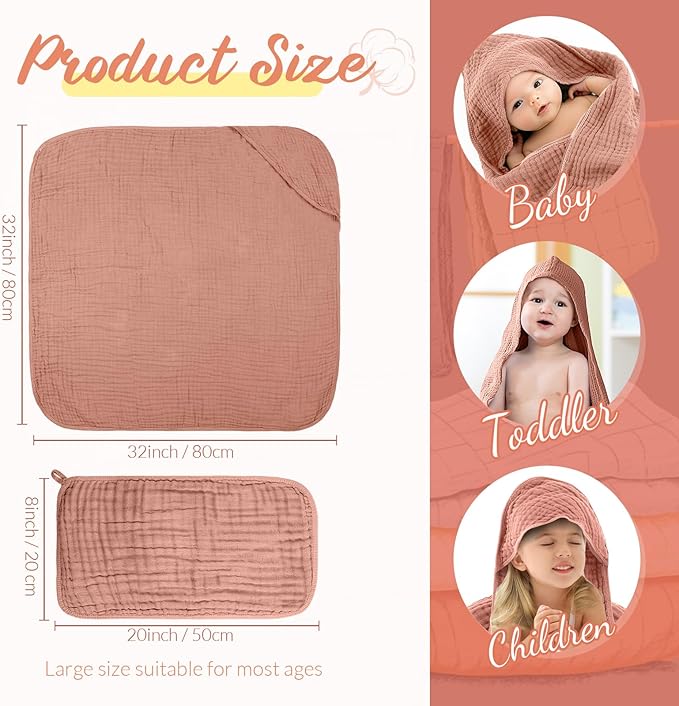 VitalCozy 8 Pcs Baby Muslin Hooded Bath Towels and Washcloths, 32 x 32 Inch Muslin Cotton Hooded Baby Towels Absorbent Hooded Blankets for Gift Newborn Infant Shower (Pink,White)