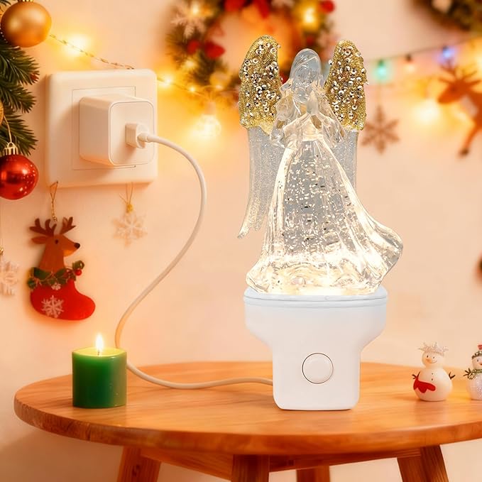 Christmas Angel Night Light Plug into Wall Swirling Glitter USB Portable Christmas Decorative Night Light Decoration for Kids Adults Bedroom Kitchen Living Room Holiday Decor (Angel)