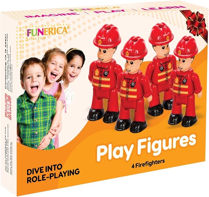 FUNERICA Toy Figures & Playsets - Fireman Action Figures for Kids - Firefighter Figurines - Little People Figures for Play, Fire Trucks, Fire Station Playsets - Mini People Community Helpers (4-Pack)