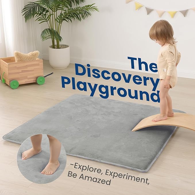 Baby Play Mat for Floor,1.3" Thick Elasti-Foam 50"×50" Playpen Mat for Tummy Time,Water Repellent Soft Coral Velvet for Toddler,Infant,Kids,Non-Slip Backing Safe for Crawling(Light Grey)