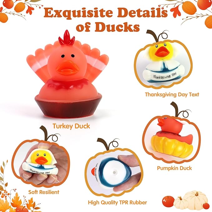 Thanksgiving Rubber Ducks for Jeeps | 24Pc Bulk Turkey Duck Toys for Toddlers & Kids | Ducking Party Favors, Bathtub & Pool Fun, Baby Shower Games, Tiny Fall Decor and Gifts (Non-Toxic)
