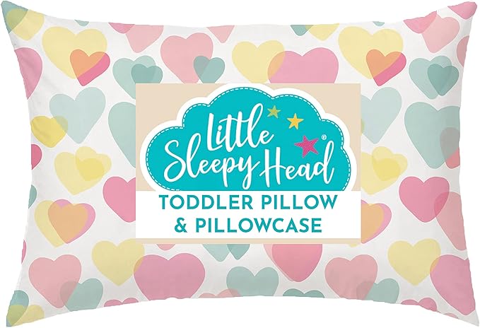 Little Sleepy Head Toddler Pillow with Pillowcase 13x18 - Kids Pillow for Sleeping - Toddler Pillow - Better Neck Support Ergonomic Pillow and Toddler Pillowcase - Best Pillows for Kids (Hearts)
