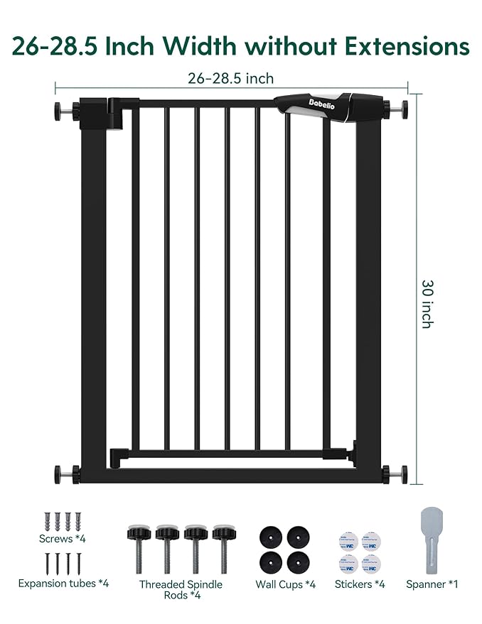 BABELIO 26-28.5 Inch Narrow Easy Install Baby Gate, Auto-Close Pet Gate for Small Stairs and Doorways, NO Drilling Pressure Mounted, NO Extensions, Black