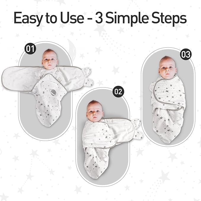 GLLQUEN BABY Organic Newborn Swaddles Sleep Sack, Swaddle Blankets for Baby Boy, 3 Pack Adjustable Wrap Set, Gray Starry Sky & Astronaut, 0-3 Months (Small/Medium)