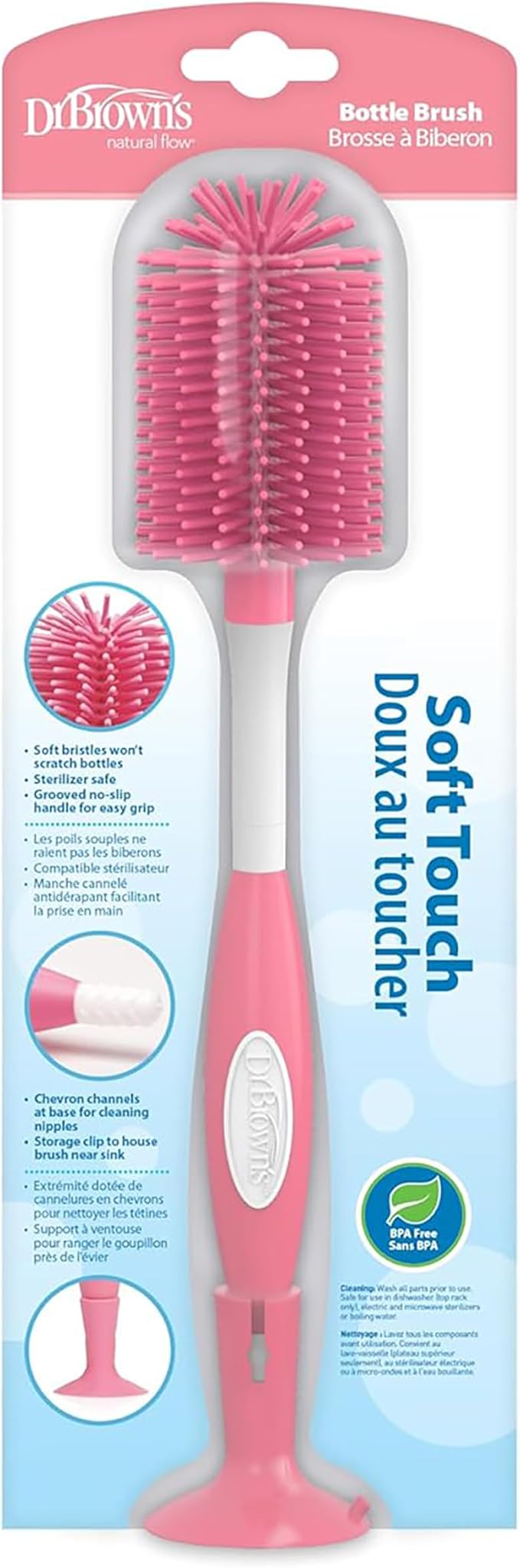 Dr. Brown's Bottle Cleaning Brush, Soft Touch No Scratch, BPA Free | Pink | 2-Pack | With Stand | Nipple Cleaner