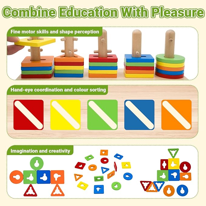 Montessori Wooden Sorting Stacking Toys Color Recognition Shape Sorter Building Blocks Shapes Puzzle for Toddlers 1-3 Fine Motor Educational Toy Sensory Toys for 1 2 3 4 5 Years Old Kids