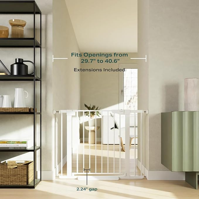 Cumbor 29.7-40.6" Baby Gate for Stairs, Mom's Choice Awards Winner-Dog Gate for Doorways, Pressure Mounted Auto-Close Pet Gates for Dogs Indoor, Safety Child Gate with Easy Walk Thru Door, White