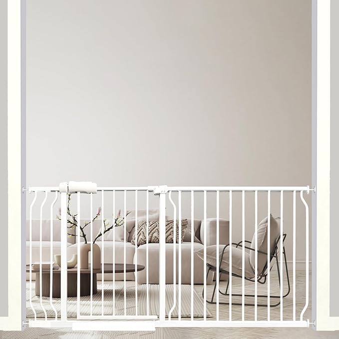 62-67 Inch Extra Wide Baby Gate, Walk Through Metal Safety Gate for Large Doorways & Hallways, White Heavy-Duty with Extension Kit