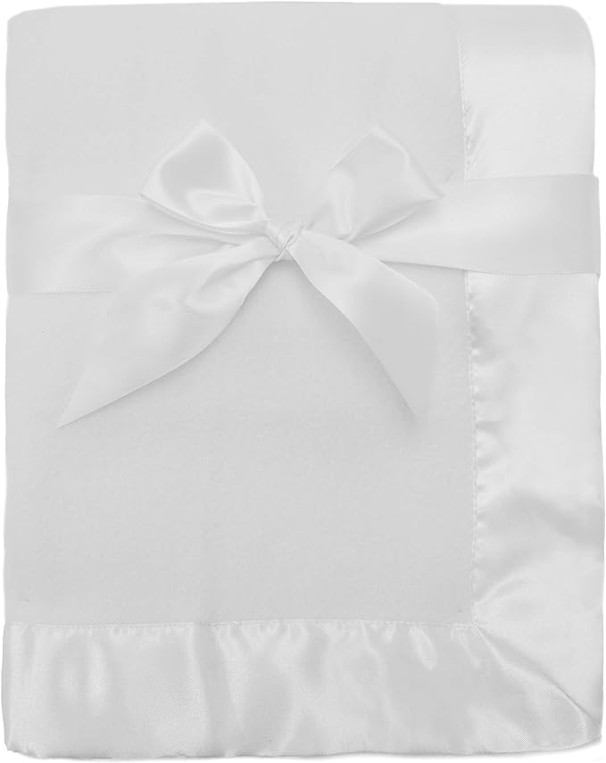 American Baby Company Fleece Blanket with Silk-Like Satin Trim, Soft, Warm & Cozy, White, 30" x 40" for Boys and Girls, Perfect for Baby Carrier, Stroller, Travel and Gifting