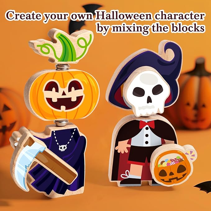 HUZU Halloween Snap Together Dress Up Building Blocks Toys, Witch Vampire Skeleton Pumpkin Take Apart Characters, 3 4 5 6 7 8 Years Old Kids Wooden Puzzle, STEM Fine Motor Skill Halloween Party Gift