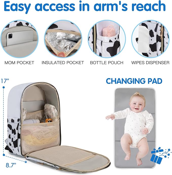 KABAQOO Baby Diaper Bag Backpack, Waterproof Diaper Backpack for Mom & Dad with Changing Pad, Insulated Pockets and Stroller Straps, Baby Shower Gifts for Girls & Boys, Cow