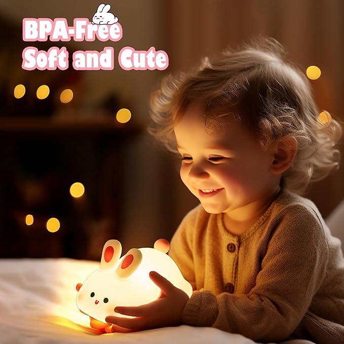 Bunny Lamp,Big Face Rabbit Night Light for Kids, Cute Easter Bunny Gifts, Kawaii Nursery Bedroom Decor, Rechargeable Silicone LED Squishy Night Light