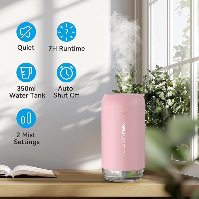 Portable Mini Humidifier, KQLKJ 350ml Small Cool Mist Humidifiers, USB Personal Desktop Humidifier for Bedroom Car Office Travel with Auto Shut-Off & 2 Mist Modes (Pink)