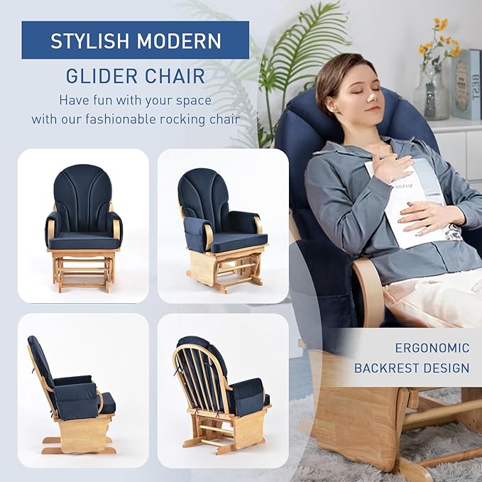 Rubber Wood Gliding Rocking Chair for Nursery, Velvet Frabic Rocking Chair Glider Rocker with Arm Rest, Padded Cushion for Living Room Bedroom Reading Room, 280lbs Weight Capacity, Blue