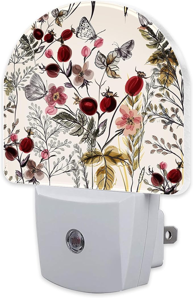 Vintage Flowers Butterfly Night Light, Watercolor Floral Dusk to Dawn Night Light Plug in,0.5w Energy Saving Sleep Friendly NightLight for Kids Boys Girls Home Decor