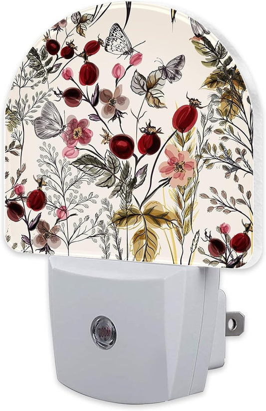 Vintage Flowers Butterfly Night Light, Watercolor Floral Dusk to Dawn Night Light Plug in,0.5w Energy Saving Sleep Friendly NightLight for Kids Boys Girls Home Decor