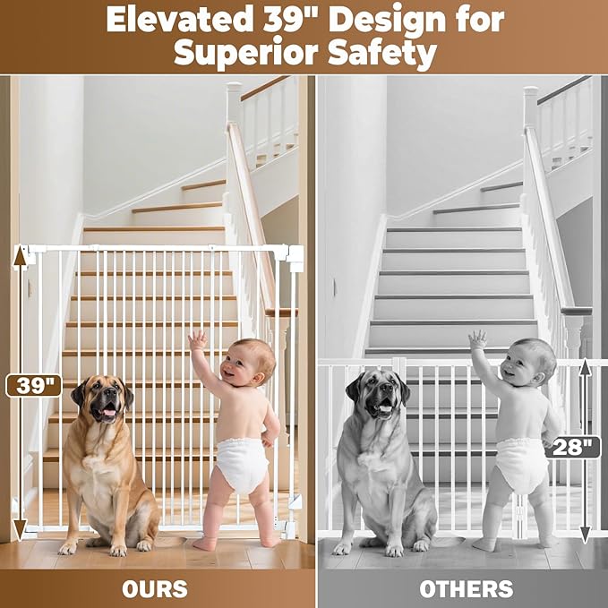 35-55" No Bottom Bar Baby Gates for Stairs, 39" Extra Tall Child Safety Gate with Auto Close Large Walk Thru Door, Hardware Mount Dog Gate Pet Gate for The House Doorways, Indoor Outdoor use