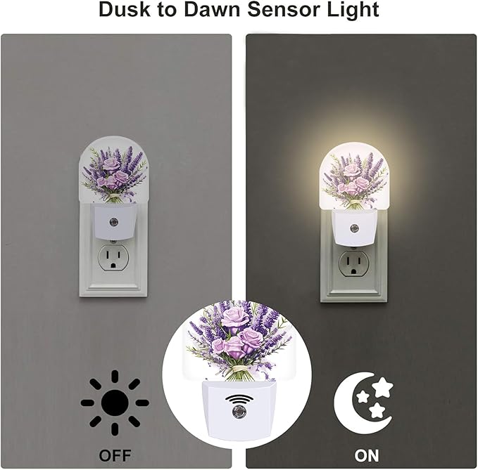 Purple Lavender Louquet Night Light Plug into Wall,Watercolor Blooming Lavender Floral Dusk to Dawn Night Light Plug in,0.5w Energy Saving Sleep Friendly NightLight for Kids Boys Girls Home Decor