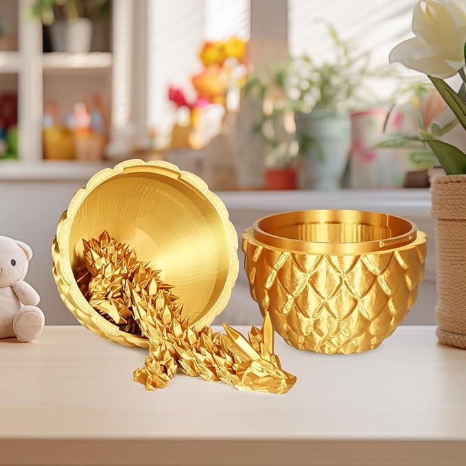 Small Dragon Eggs with Dragon Inside, 3D Printed Surprise Funny Gifts for Kids, Articulated Dragon Fidget Toys for Adults, Executive Desk Toys Office Room Décor (Gold)