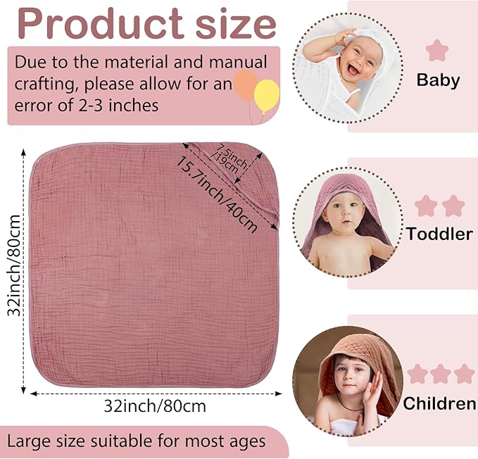 Peryiter 4 Pcs Muslin Hooded Baby Towels, 32"x 32" Cotton Newborn Bath Towel Muslin Infant Baby Blankets Absorbent Unisex Christmas Registry Gift Essentials for Girls Boys (Light Pink)