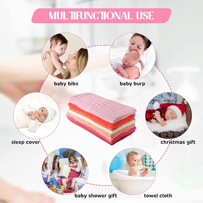 8 Packs Muslin Burp Cloths 6 Layers Unisex Baby Items Absorbent Burp Rags Colorful Muslin Washcloths for Baby Plain Soft Cotton Cloth for Babies Girls Boys, 10 x 20 Inch (Bright Colors)