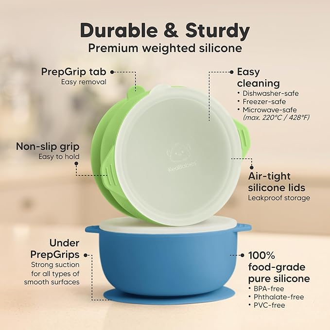 KeaBabies 2-Pack Baby Bowls with Suctions, Lids - Silicone Toddler Suction Bowls for Baby Boy, Girl, Kids, Food Grade Silicone, BPA-Free, Dishwasher Safe, Toddler Eating Essentials (Kea)