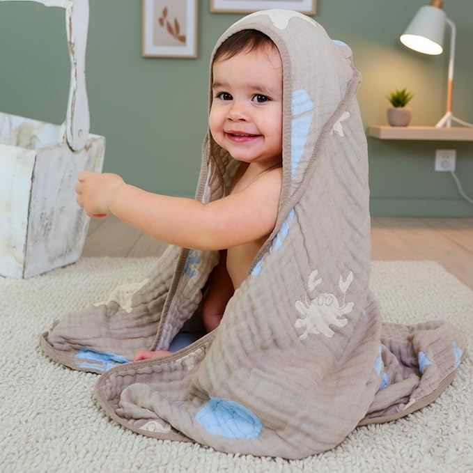 Ultra-Soft Muslin Baby Hooded Towel - 32 x 32 Inches, Ideal for Bath & Beach, Suitable for Both Boys & Girls from Newborns to Toddlers（Ocean Coffee