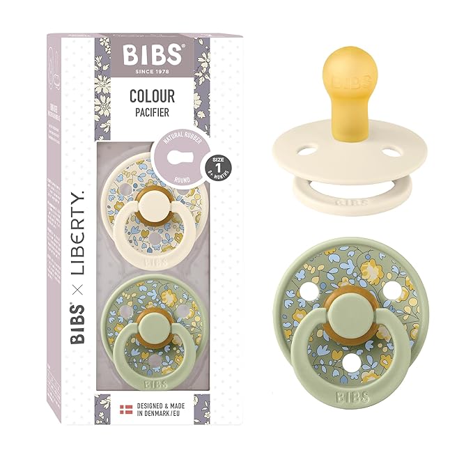 BIBS Colour Liberty Soother 2-Pack, BPA Free Dummy Pacifier, Round Nipple. Natural Rubber Latex, Made in Denmark, Size 1 (0-6 Months), Eloise Sage