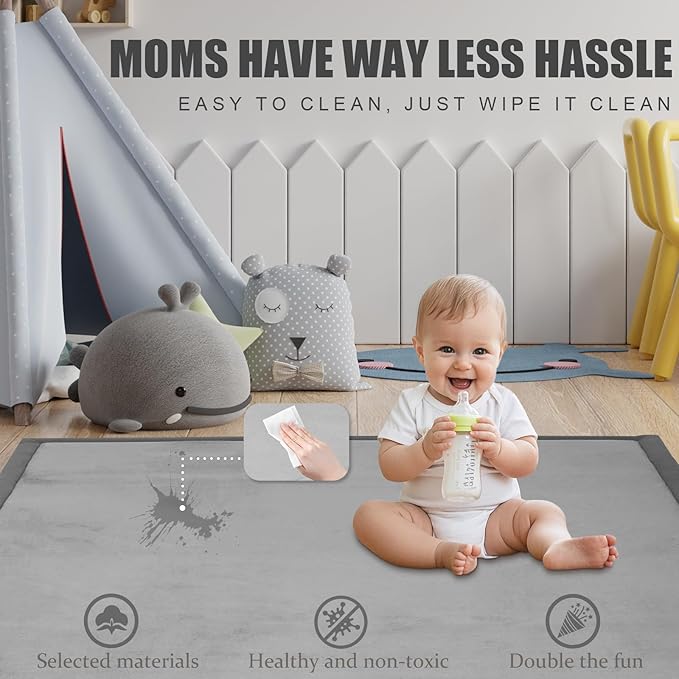 Thick Play Mat for Baby, 50 X 50x 1.3" Memory Foam Playpen Mat,Ultra Soft Tummy Time Mat with Non-Slip Backing, Baby Crawling Mat Child Nursery Rug for Infant, Toddlers, Kids (Light Gray)