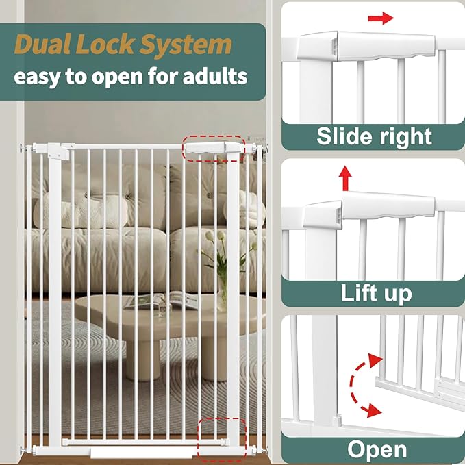 40.55" Tall 1.37" Ultra Narrow Spacing Dogs Pets Baby Gate for Doorway Hallway Safety Proof Indoor 53.74-61.61" Extra Wide Puppy Pressure Mounted No Drill Walk Through White Metal