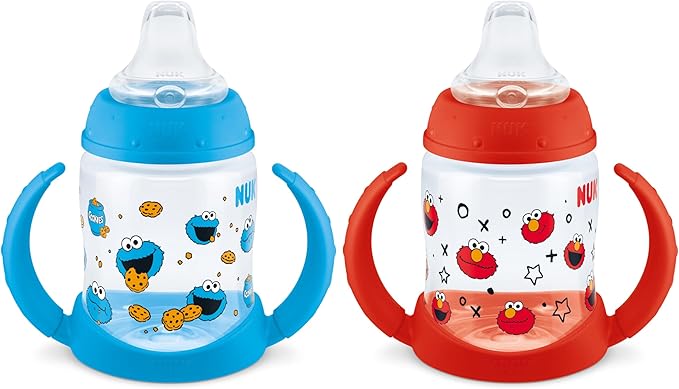 NUK Learner Cup, 5oz, Pack of 2, Sesame Street, Elmo and Cookie Monster – Soft Spout, Easy-Grip Handles, BPA Free, Spill Proof Transition Sippy Cup
