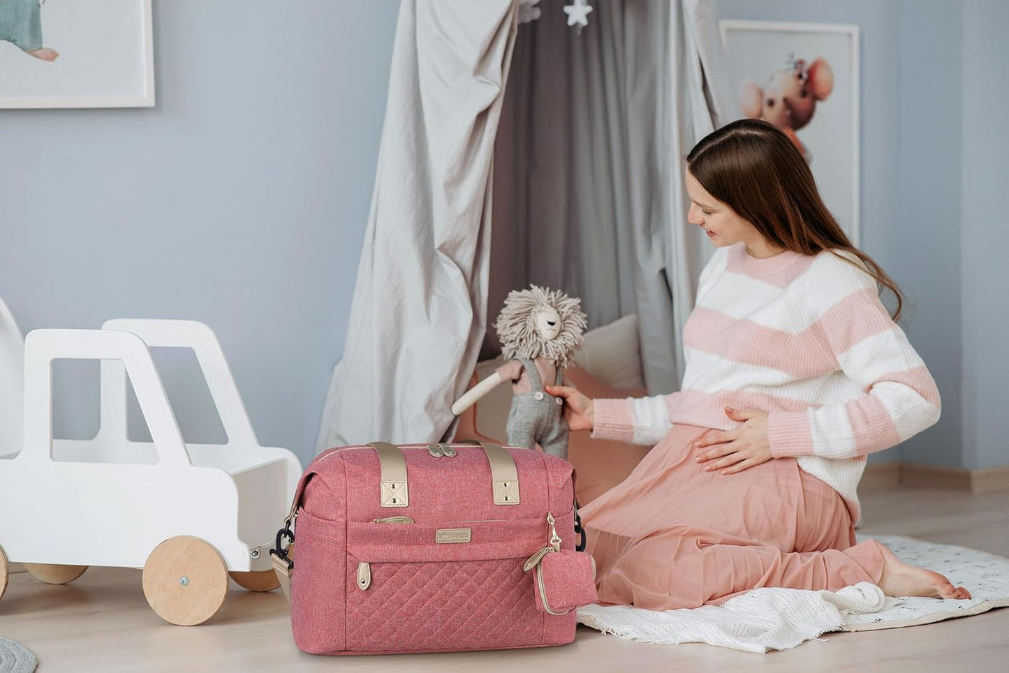 Diaper Tote, Baby Bags with Pacifier Case, Shoulder Straps, Stroller Clips, Waterproof Mommy Bag - Medium, Pink