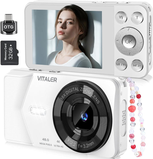 Digital Camera, Autofocus 48MP 4K Camera for Photography with 32GB Card, Portable Compact Point and Shoot Digital Camera for Teens Adult Beginner Kids with Metal Shell, 2000 mAh Battery