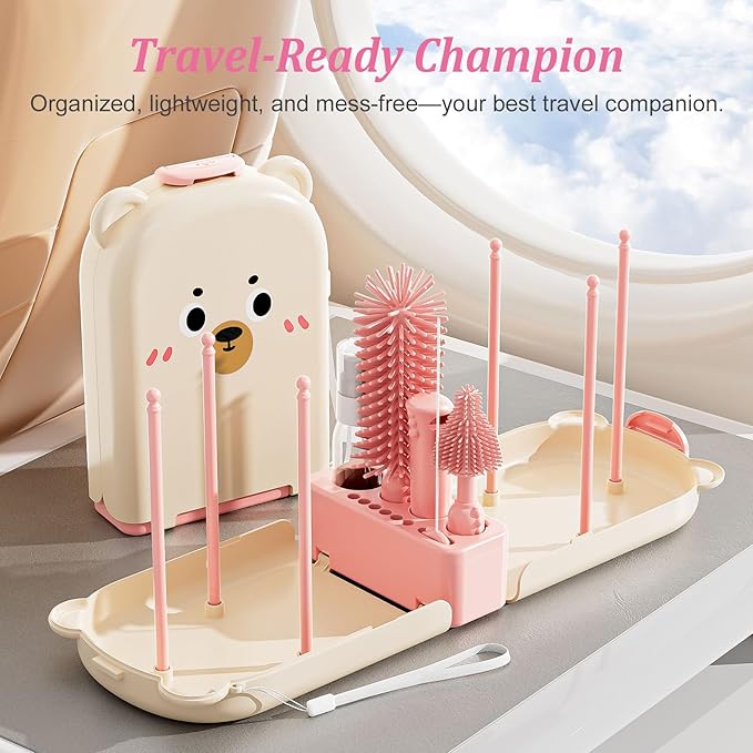 Pink Travel Baby Bottle Cleaner Kit – 6-in-1 Portable Brush Set with Drying Rack & Storage Case | Baby Travel Essentials for Flying, Newborn Bottle Cleaning & Breast Pump Parts On-The-Go