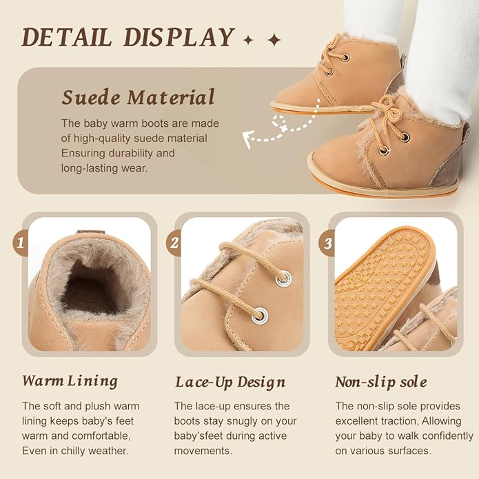 Baby Unisex Warm Snow Boots Newborn Leather Fur Lace Up Ankle Anti-Slip Rubber Texture Sole Toddler Prewalker Winter Crib Shoes