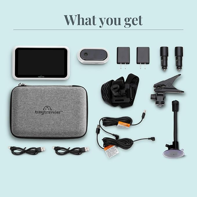 Tiny Traveler Baby Monitor Portable Baby Car Camera with Add-On Camera & Travel Kit, Night Vision HD 720p 5" Touchscreen, Battery Powered, Split-Screen, Travel Pouch Included - White