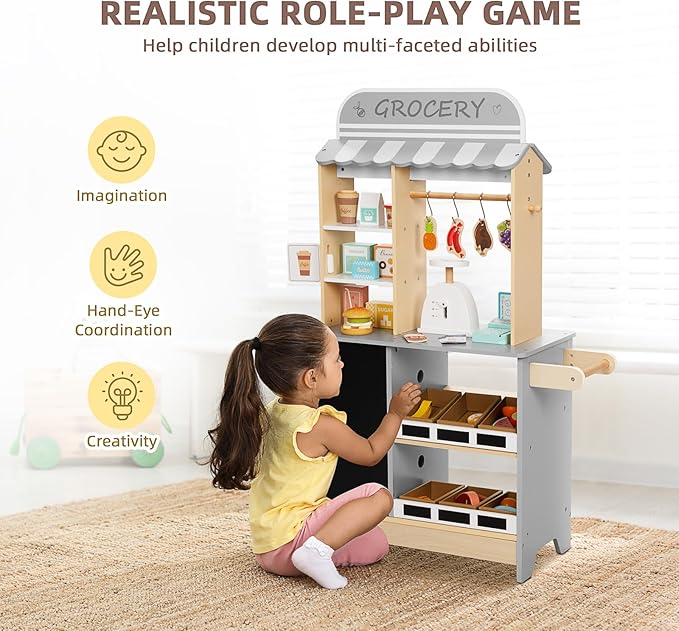OOOK All-in-One Grocery Store Pretend Play with Chalkboards, Reversible Kids Grocery Store Playset with Oven, Scale, Rolling Wheels, Cash Register and More, for Kids Aged 3+