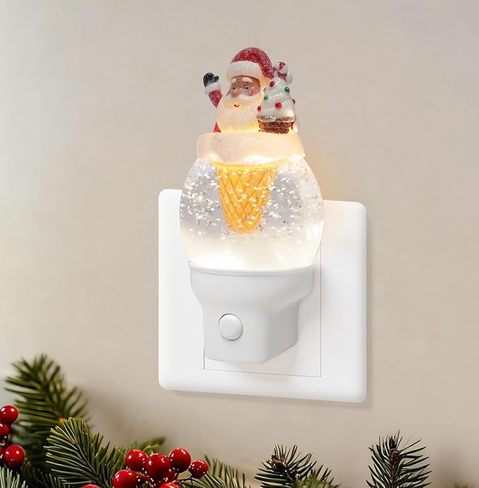 Christmas Santa Night Light Plug into Wall Glitter Water Nightlight with USB/Outlet Options, Christmas Decorative Nightlight for Bedroom Kitchen Nursery Holiday Decorations Gifts (Santa Ice Cream)